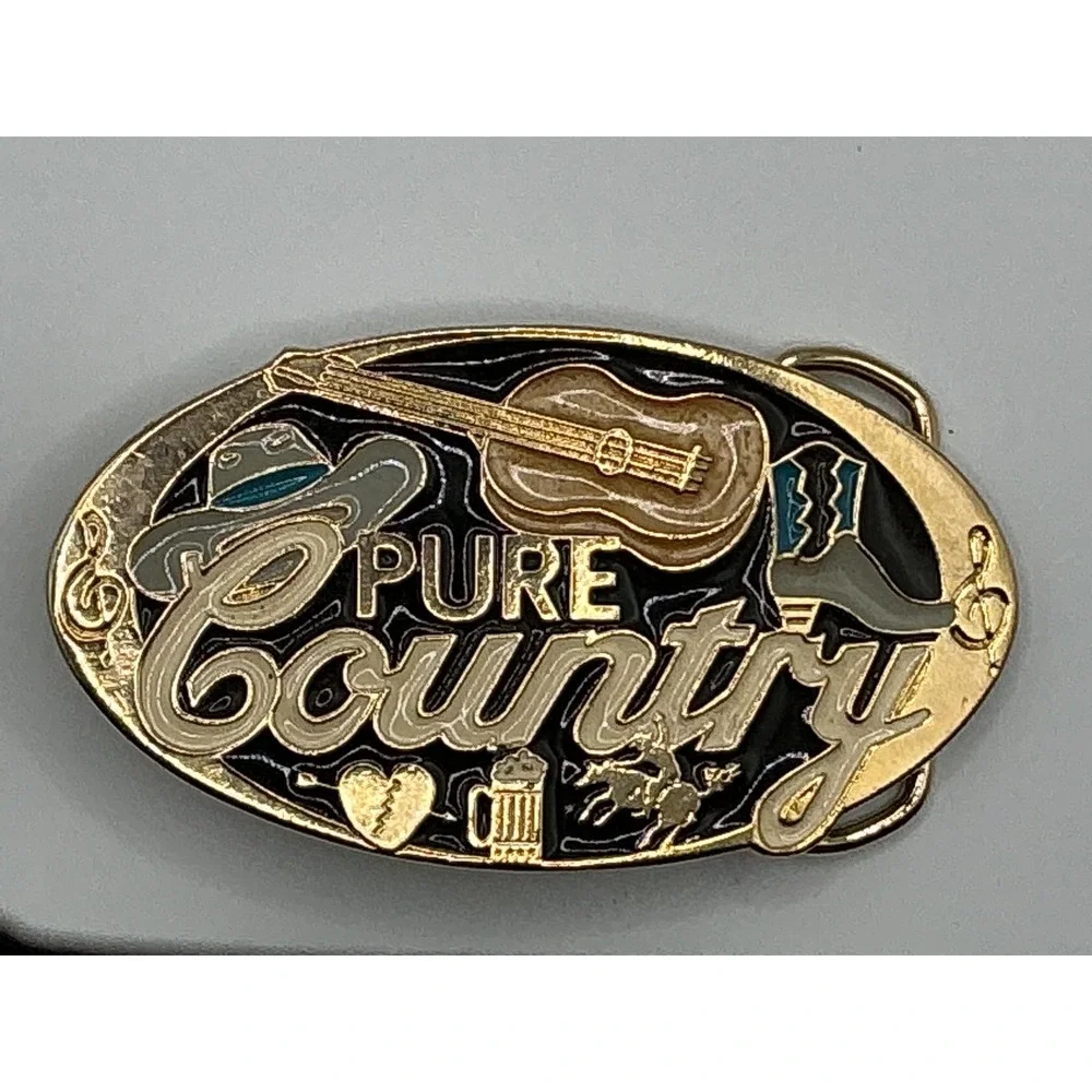 Pure Country Belt Buckle Gold Tone Enamel Guitar Cowboy Hat‎ Made in USA 0320